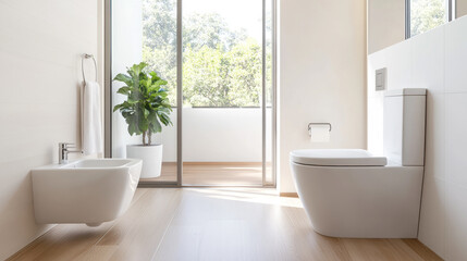 Fototapeta premium Minimalist contemporary toilet with natural light and brown accents