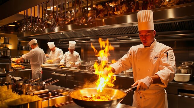 Chef cooking with fire in a wok in a restaurant kitchen