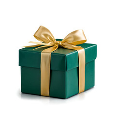Obraz premium Emerald Elegance: A luxuriously wrapped emerald green gift box tied with a golden ribbon, perfect for holidays, birthdays, or special occasions. 