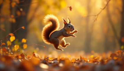 wallpapers A playful squirrel leaps through a carpet of autumn leaves, capturing the spirit of fall in a vibrant forest setting. AI generated