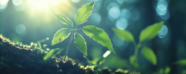 Young plant in the rays of sunlight. Eco concept