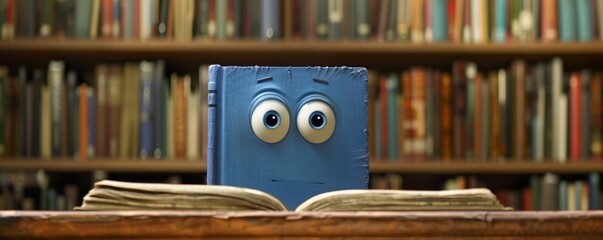 Cartoon curious blue book with googly eyes peeks over a bookshelf, wanting to see what's on the other side.