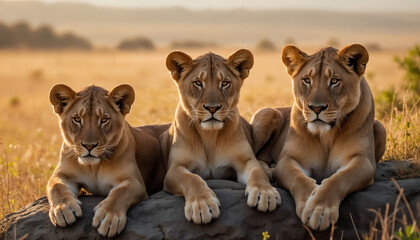 Obraz premium wallpapers A serene scene featuring three lions lounging peacefully on a rock amidst a golden savanna landscape during sunset. AI generated.