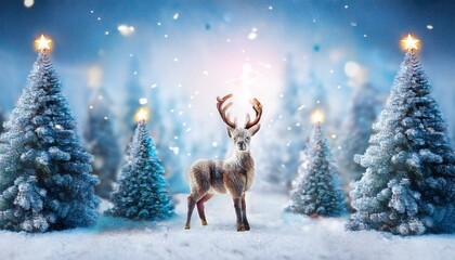Generated imageChristmas banner with magical scene of a reindeer in center in snowy forest with Christmas trees with lights and stars with copy space