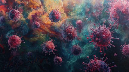 Fototapeta premium Microscopic view of viruses, representing zoonosis transmission. Virus transmission.