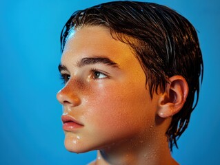 portrait of a young person with wet hair and a thoughtful expression