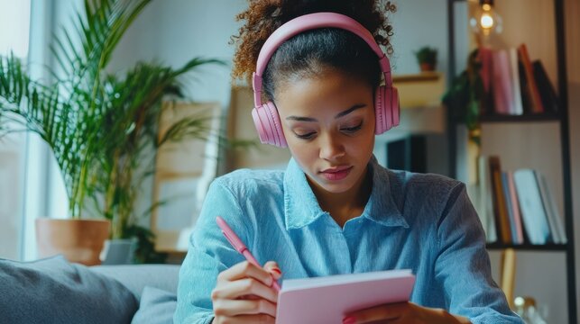 Young woman in pink headphones and shirt writing in notebook in living room, enjoying leisure time during daylight