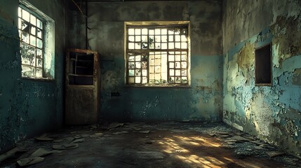 Obraz premium Abandoned room with broken windows. Concept of decay, neglect, and forgotten history.