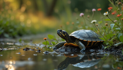 wallpapers A serene turtle rests by the edge of a calm pond surrounded by wildflowers. The scene captures tranquility and the beauty of nature. AI generated.