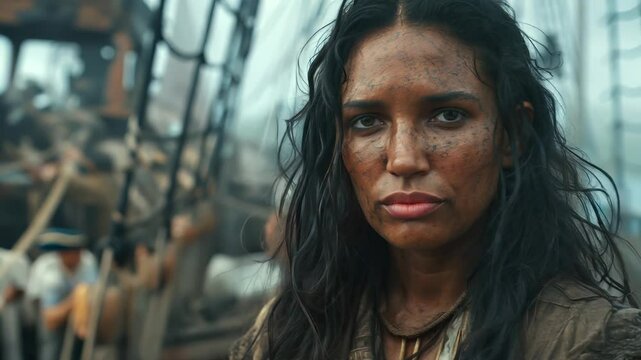 The pirate spirit: pirate in 17th-century costume faces the rough seas, standing bravely on ship deck, with fearlessness, thirst for freedom in his eyes, surrounded by scent of salt and gunpowder.