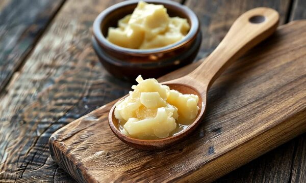 Wooden spoon filled with creamy ghee on rustic wooden board