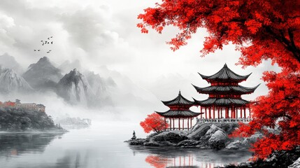 Obraz premium Serene misty landscape with traditional Chinese pagodas, a calm lake, and red maple trees, creating a tranquil and picturesque atmosphere