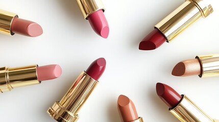 Assorted lipsticks in gold tubes arranged on white background.