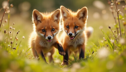 Obraz premium wallpapers Two adorable fox cubs joyfully playing in a sunlit field filled with flowers. AI generated