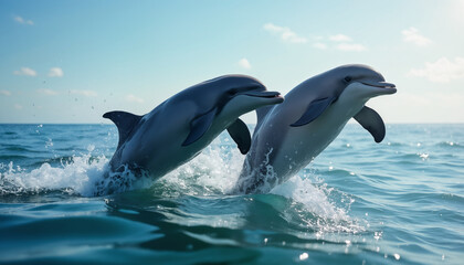 Fototapeta premium wallpapers Two dolphins are joyfully leaping out of the water under a bright sky. Their sleek bodies glisten in the sunlight, creating a stunning ocean scene. AI generated