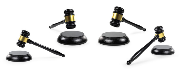 Judge's gavel, chairman's gavel, wooden gavel with stand isolated in white