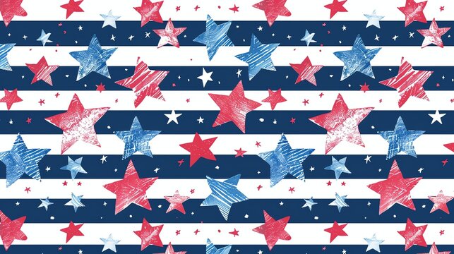A seamless pattern of blue and red stars on a striped background.