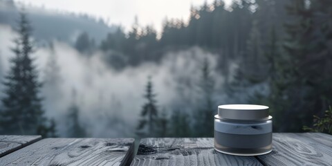 Transparent cream jar on a wooden table, with a foggy forest background, 4K hyperrealistic photo.