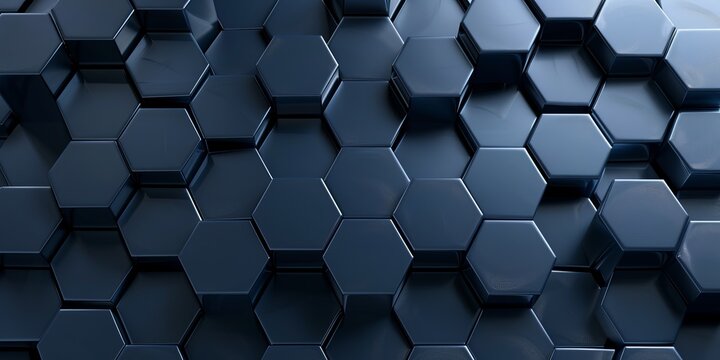 Hexagonal prism tiles arranged to create a deep navy wall, with a polished, futuristic background formed from 3D ellipsoidal prisms. 3D Render.