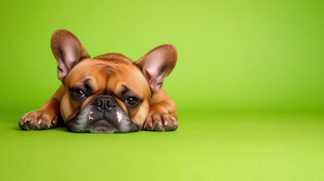 A dog is laying on a green surface with its head down