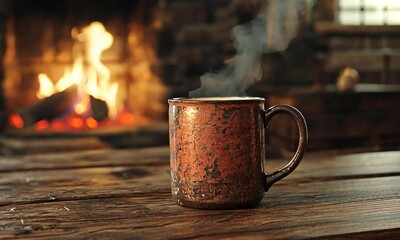 Steaming mug on rustic wooden table with blurred fireplace background. - Powered by Adobe
