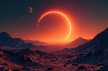 science fiction poster, astronomy, futuristic space travel concept. breathtaking solar eclipse over an alien landscape with twin moons in the sky. mysteries of cosmos.