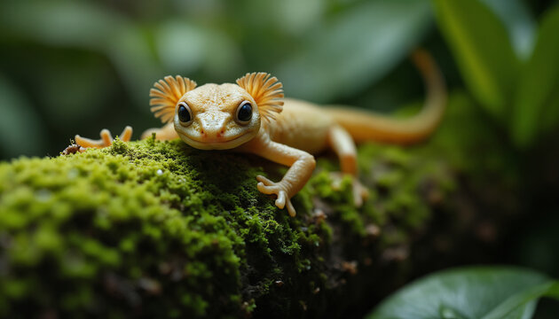 wallpapers A vibrant orange gecko rests on moss with lush greenery in the background, highlighting the beauty of nature and wildlife. AI generated.