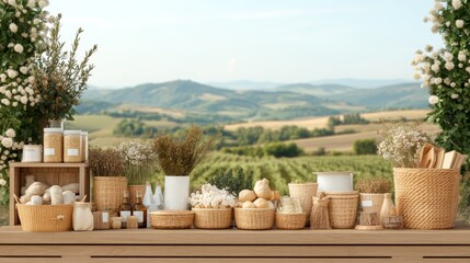 Rustic Countryside Market Stall with Woven Baskets and Dried Flowers under Open Skyline, Photorealistic Scene of Serene Rural Charm