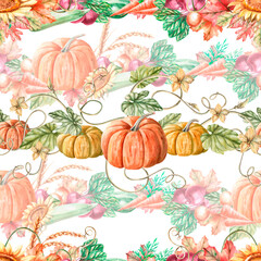 Seamless pattern with pumpkins. Watercolor illustration on the theme of harvest for the design of ecological farm products, fair products, printing on packaging and fabric.