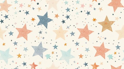 A seamless pattern of stars in shades of blue, pink and orange on a white background.