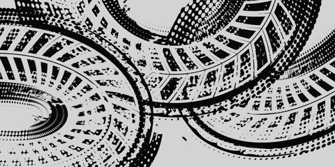 Drift background monochrome with texture wheel marks and drift in skidding, rounded tire marks. Vector isolated texture.