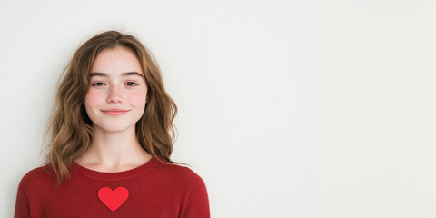 Fototapeta premium Caucasian young happy woman in red sweater with heart on white background. Concept banner template for Valentine's Day, Mother's Day and March 6 with place for text.