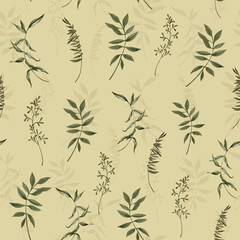 Naklejka premium Seamless pattern with floral elements on a beige background. Watercolor hand draw leaves for print on paper, fabric, greeting cards, gifts, wallpapers, covers and décor interior.