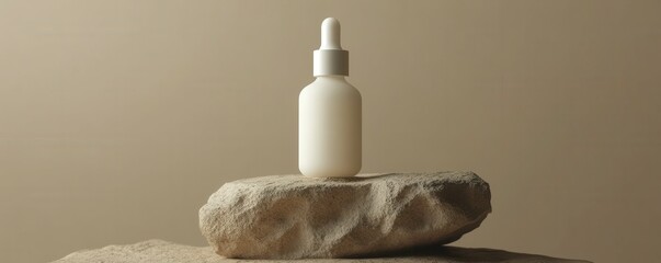 Glass dropper bottle with white liquid essence, serum or cream on stand from natural stone, beige pastel background. Natural Organic Spa Cosmetic, minimal aesthetic mock up cosmetic skin care product