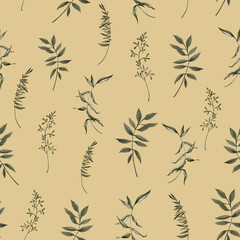 Floral pattern with  watercolor green leaves on a  beige background. Loopable composition ready for print on paper,  fabric, greeting cards, gifts, wallpapers, covers and décor interior.