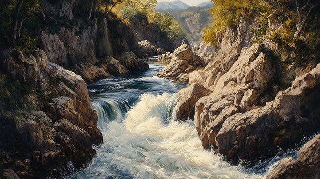 A wild river rushing through a rugged canyon with jagged rocks and roaring rapids