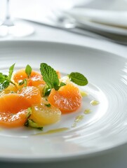 A vibrant citrus salad garnished with mint leaves, presented elegantly on a white plate.