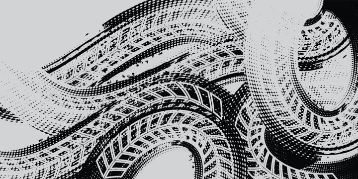 Drift background monochrome with texture wheel marks and drift in skidding, rounded tire marks. Vector isolated texture.