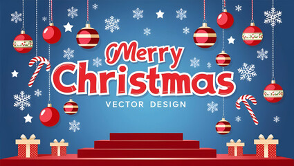 Naklejka premium A vibrant vector illustration of festive Christmas balls candy canes snowflake and star decorations paired with Merry Christmas text on an elegant blue podium stage background. 