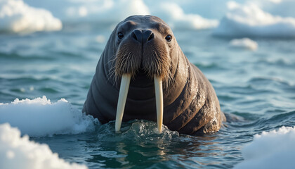 wallpapers A majestic walrus swims amidst floating ice in clear waters. Its tusks are prominently displayed, showcasing its unique features in a serene setting. AI generated.