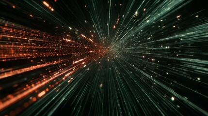 Naklejka premium Optical data concept depicted by abstract glowing lines on a dark background. The high speed, vast capacity data transmission enabled by optical fiber technology in today's digital age.