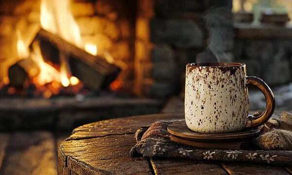 A steaming mug rests on a rustic wooden table before a cozy fireplace.