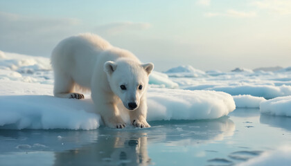 wallpapers A young polar bear exploring its icy surroundings in the Arctic. The scene captures the beauty and fragility of nature. AI generated.