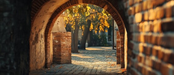 serene autumn pathway with warm sunlight and brick arches