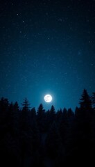 This enchanting image captures the beauty of a winter night, with a full moon illuminating a snow-covered forest. The contrast between the dark silhouettes of the trees and the bright moonlight create