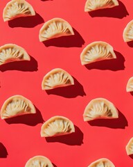 Overhead view of fresh Chinese dumplings on a red background