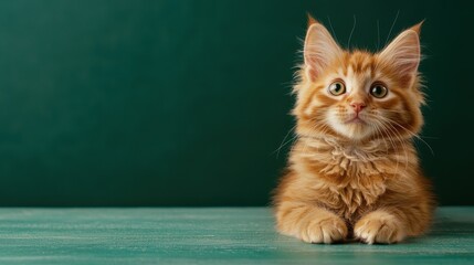 A cute orange kitten is sitting on a green table