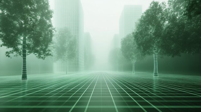 This stunning image depicts a misty urban landscape featuring a grid pattern and trees, merging natural elements with digital models of futuristic cities.