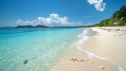 Fototapeta premium A stunning beach scene displaying clear blue waters, a soft sandy shore, and lush greenery in the background, portraying the epitome of tropical paradise and relaxation.