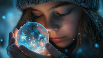 Naklejka premium A girl is holding a blue crystal ball